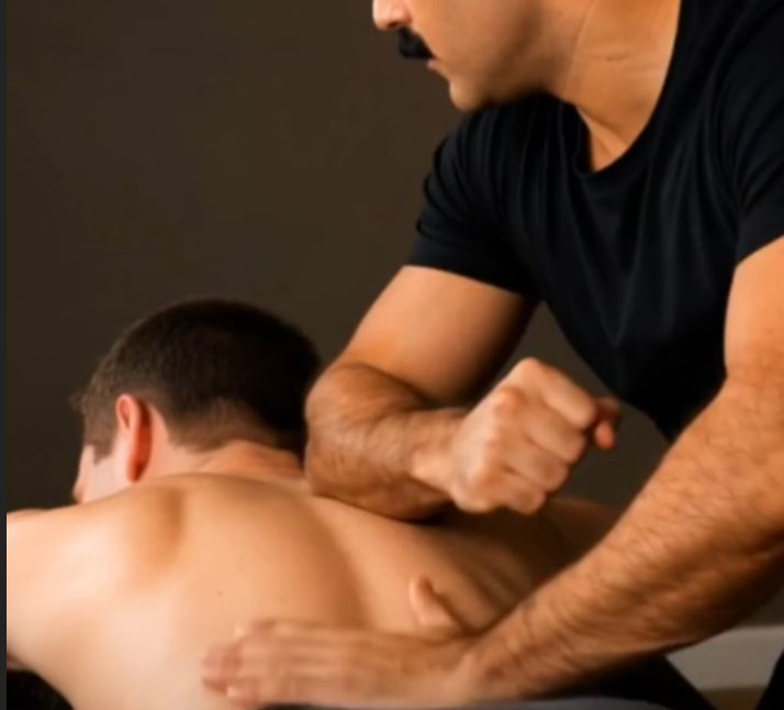 Registered massage therapist performing deep tissue work on a client's shoulder